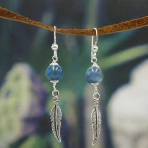 Silver Feather Earrings - Blue Apatite