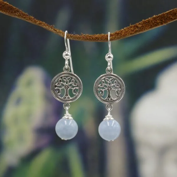 Silver Tree of Life Earrings - Aquamarine