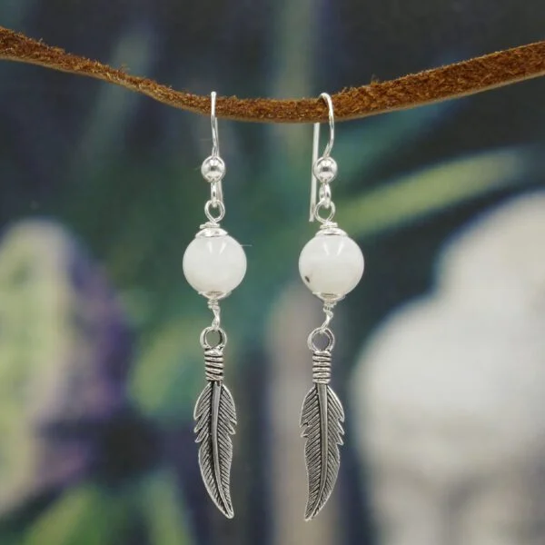 Silver Feather Earrings - Moonstone